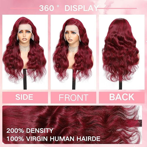 32 Inch 99j Burgundy Lace Front Wigs Human Hair 13x6 HD Transparent Burgundy Wig Human Hair 200 Density Pre Plucked Glueless Frontal Wigs Human Hair for Black Women