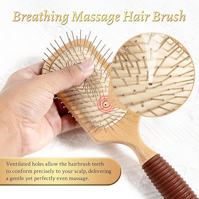 BFWood Paddle Hair Brush with Steel Bristles, Metal hair brush, Help Hair Growth and Massaging Scalp, Anti-frizz Metal Detangling Brush Styling Hairbrush