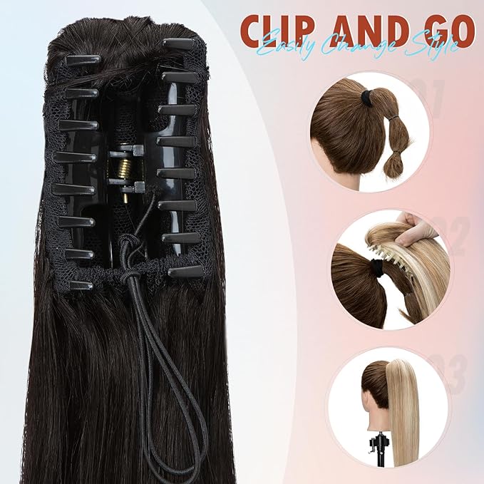 Hairro Clip On Ponytail Hair Extensions Jaw On Claw Clip Ponytails Real Hair Long Jaw/Claw Pony Tail With Clips Hairpieces For Women 20 Inch 120g #1B Natural Black