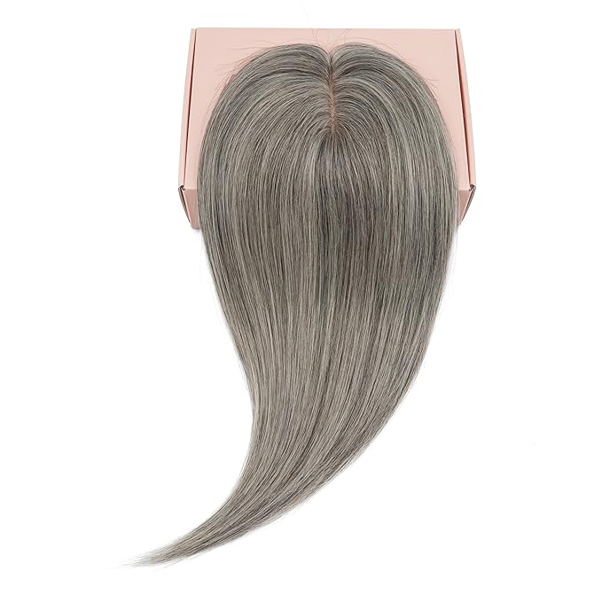 Rich Choices Hair Toppers for Women Real Human Hair 100% Human Remy Toppers NO Bangs for Women with Thinning on Top Clip in Hairpiece 4"x4.7"Lace Base 12 Inch Salt and Pepper G2 Sliver