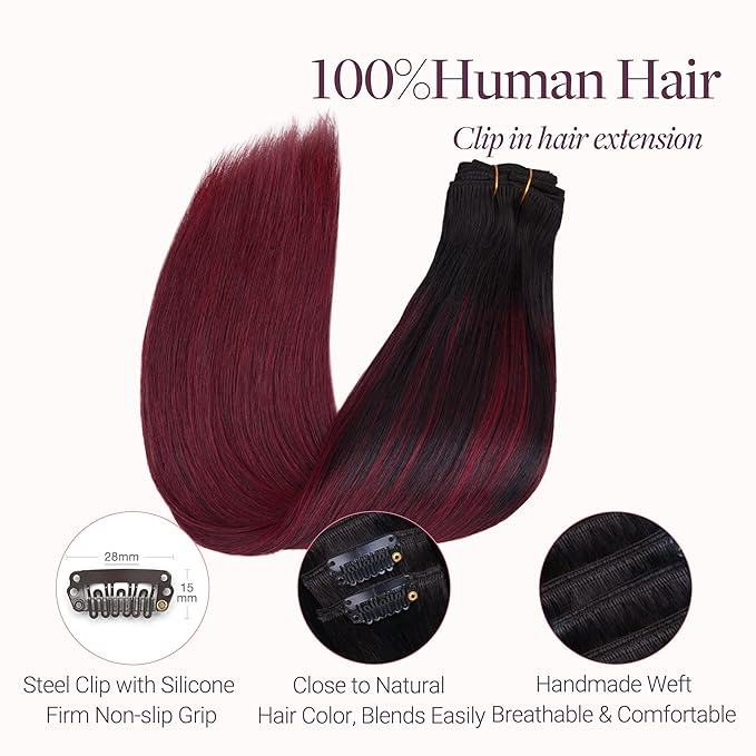 GOO GOO Clip in Hair Extensions Real Human Hair, Remy Human Hair Extensions Clip ins for Women, Natural Human Hair, 12inch 85g 7 Pcs, #1/99j Balayage Jet Black to Red