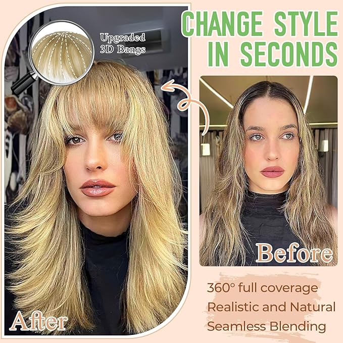 Bangs Hair Clip in Bangs 360°3D Cover Hair Topper Synthetic HairPieces for Women Ash Blonde Wispy Fake Bangs Toppers for Daily Wear