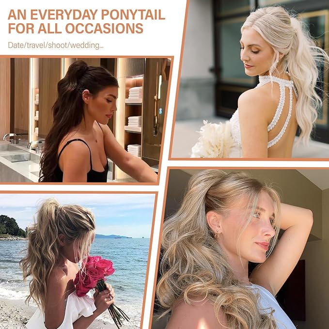 24 Inch Ponytail Extension, Clip on Ponytails for Women, Long Curly Wavy Ponytail Extensions for Women, Synthetic Layered Pony Tails Hair Extensions (Color: Brown with Blonde Highlights)