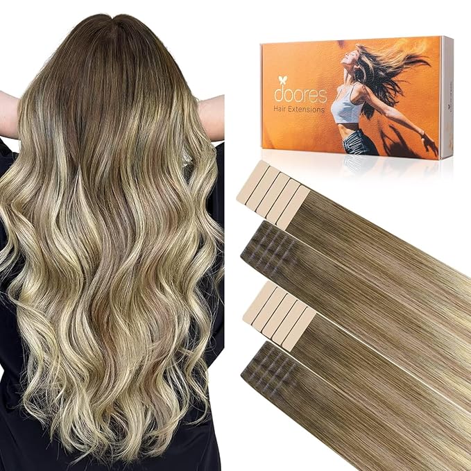 DOORES Invisi Edge Hair Extensions Tape in, Walnut Brown to Ash Brown and Bleach Blonde 10 Injection Tape-ins with 10 Classic Tape-ins 50g 18 Inch, Injected Tape in Extensions Straight