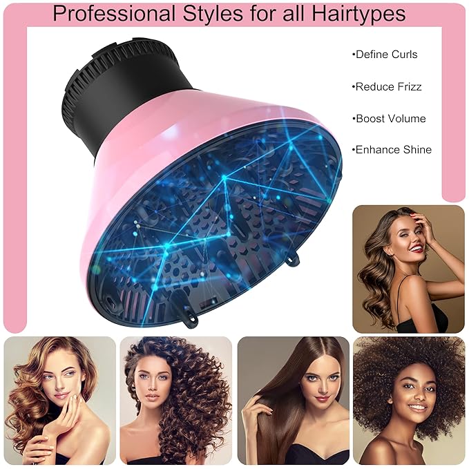 Universal Hair Diffuser Adaptable Hair Dryer Attachment for Blow Dryer Nozzles from 1.7 to 2.2 inch Diameter (Pink with Shampoo Brush)
