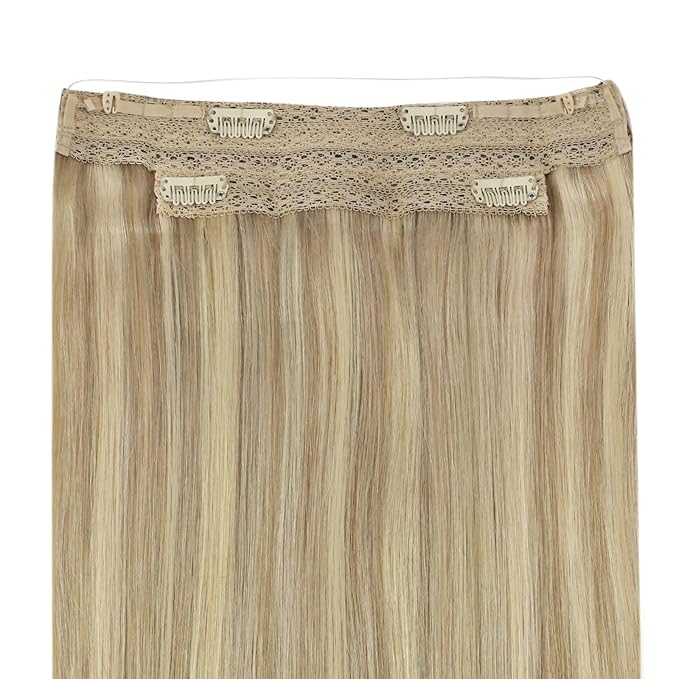 YoungSee Wire Human Hair Extensions Golden Blonde Wire Hair Extensions Real Human Hair Light Blonde Highlights Golden Blond Fish Line Hair Extension Soft Hair 80G 18In