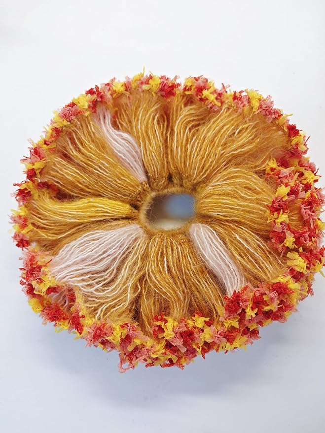 《Lessay》 Handmade Mohair Hair Tie, Delicate Crochet Mixed Yarn Scrunchie, Red/Orange and Yellow Floral Design,Inspired by sunflowers.Holiday Gift Hair Accessory for woman.