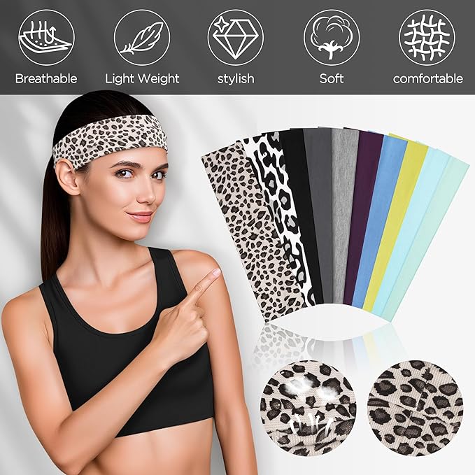10 PCS Headbands for Women - Fashion Non Slip Cotton Headbands for Women and Men Perfect for Sports and Outdoor Activities in Summer,Including Running, Yoga, Cycling, Gym Workouts