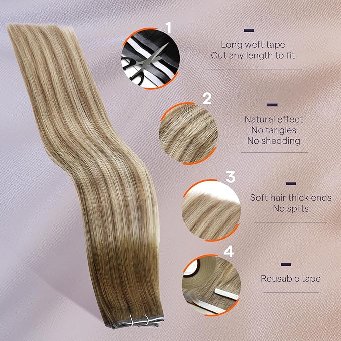 Full Shine Tape in Human Hair Extensions Color 3 Dark Brown Ombre 8 Ash Brown And 22 Blonde Long Tape Weft Tape in Hair Extensions 20Inch Seamless Double Weft Extensions 50G One Piece
