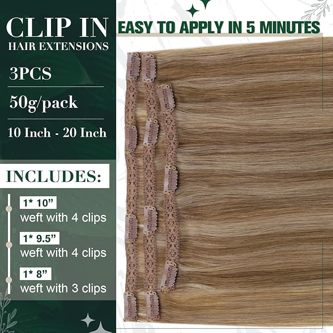 RUNATURE Blonde Clip in Hair Extensions, Real Human Hair Clip in Extensions, Remy Hair Extensions Clip Ins, Add Hair Volume, 14 Inch 50g 3pcs #10P16 Dark Blonde Highlight Caramel Blonde