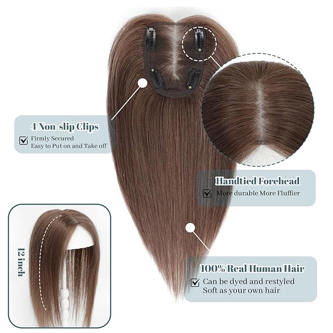 Human Hair Toppers for Women Real HairTopper with Thinning Hair 120% Density Round Shaped Swiss Base Hair Pieces 40g-Auburn Brown（12inch,6#）