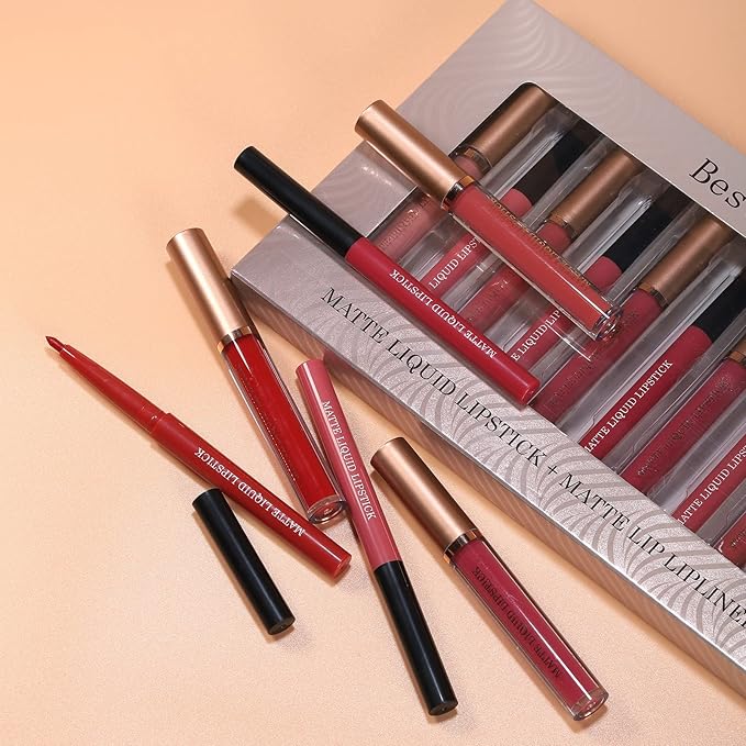 BestLand 12Pcs Matte Liquid Lipstick + Lip Liner Pens Set, One Step Lips Makeup Sets Pigment Velvety Nude Lip Stain Waterproof Long Wear Lip Gloss Make up Gift Set (Set B)
