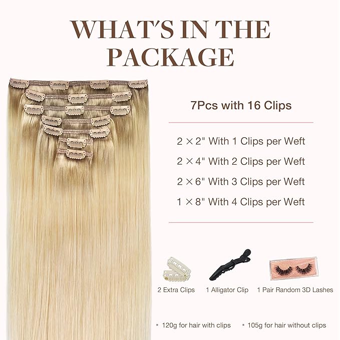 GOO GOO Clip in Hair Extensions Real Human Hair, Remy Human Hair Extensions Clip ins for Women, Natural Human Hair, 14inch 120g 7Pcs, #R7/60F