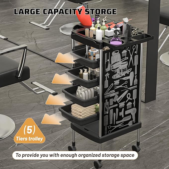 Salon Rolling Trolley with 4 Drawers/Stainless Steel Frame Storage Tool Holder for Barbershop Beauty Spa and Hair Salon Beauty Black