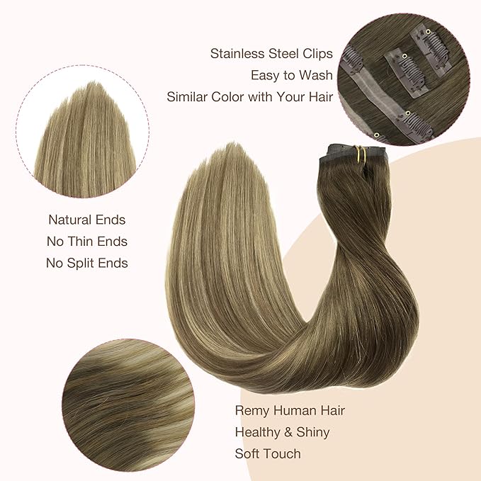 GOO GOO Clip in Hair Extensions Real Human Hair, Remy Human Hair Extensions Clip ins for Women, Natural Human Hair, 24inch 120g 7Pcs, 3/8/613 Balayage Walnut Brown to Ash Brown and Bleach Blonde