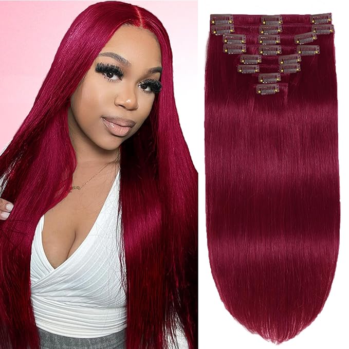 99J Burgundy human hair clip in extensions 20inch 120g Clip in Hair Extensions Real Human Hair Clip Ins 8pcs Double Weft Handmade Per Set with 18clips Straight Hair for Women(#99J)