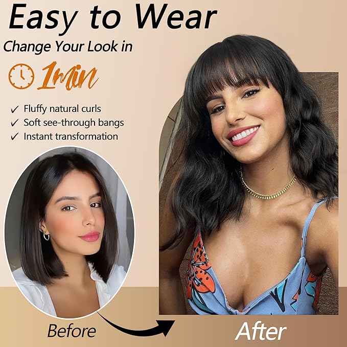 Nnzes Black Wavy Wigs with Bangs Women’s Short Black Bob Wig Synthetic Natural Looking Heat Resistant Fiber Hair