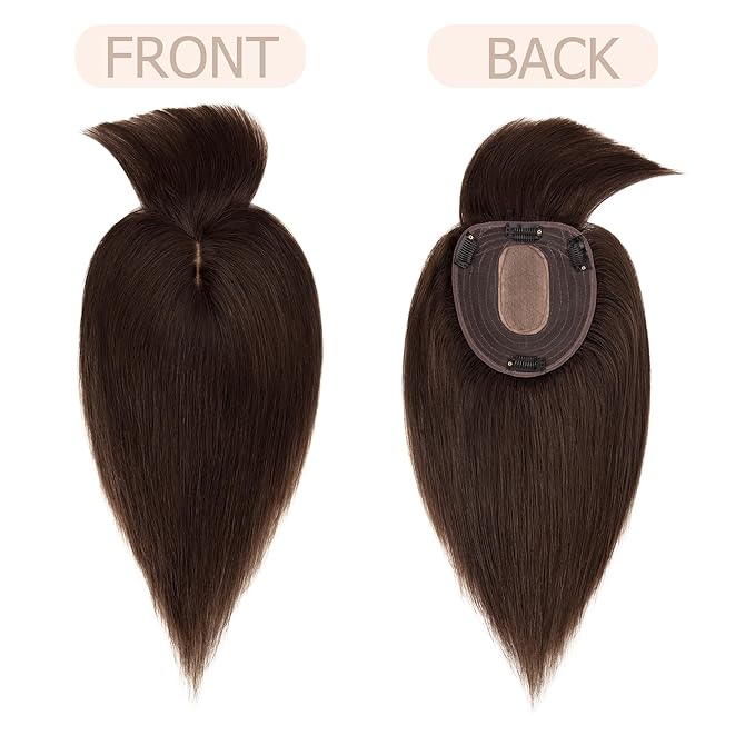 Hair Toppers for Women Real Human Hair With Bangs, 13 * 15 cm Larger Silk Base 150% Density Clip In Topper Hairpieces, Wiglet Top Pieces Add Volume /10 Inch 02 Dark Brown