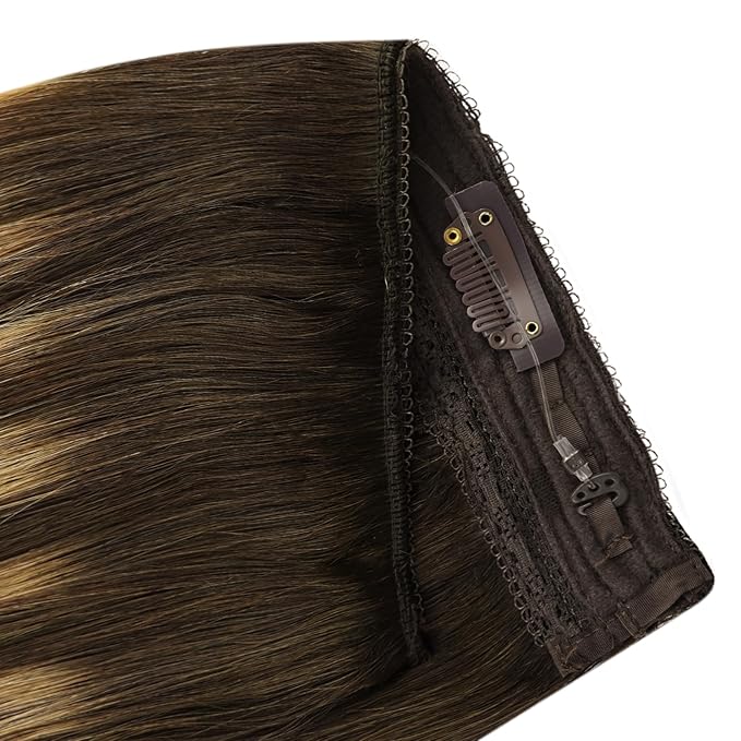 YoungSee Wire Human Hair Extensions Balayage Hair Extensions Wire Brown Fish Line Hair Extension Real Human Hair Balayage Chocolate Brown Mix Caramel Blonde Long Straight Hair 20In 100G