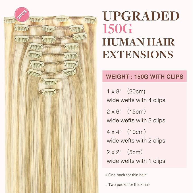 GOO GOO Clip in Hair Extensions Real Human Hair, Remy Human Hair Extensions Clip ins for Women, Natural Human Hair, 16inch 150g 9Pcs, 18D/22F Dirty Blonde Highlights
