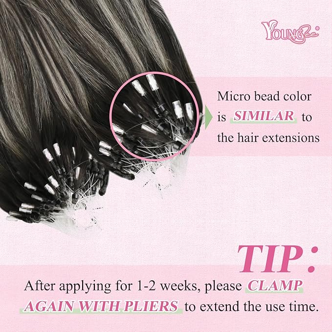 YoungSee Micro Link Hair Extensions Human Hair Ombre Micro Bead Hair Extensions Real Human Hair Silver with Black Balayage Microlink Hair Extension Cold Fusion Hair for Long Hair 22 Inch 50g 50s