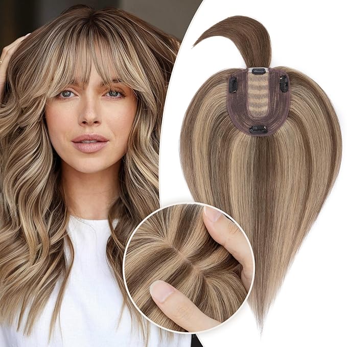 Rich Choices Hair Toppers for Women Real Human Hairs With Bang 100% Remy Human Topper for Thinning Hair Clip in Silk Base Topper 12 Inch #4P27 Medium Brown Mix Dark Blonde