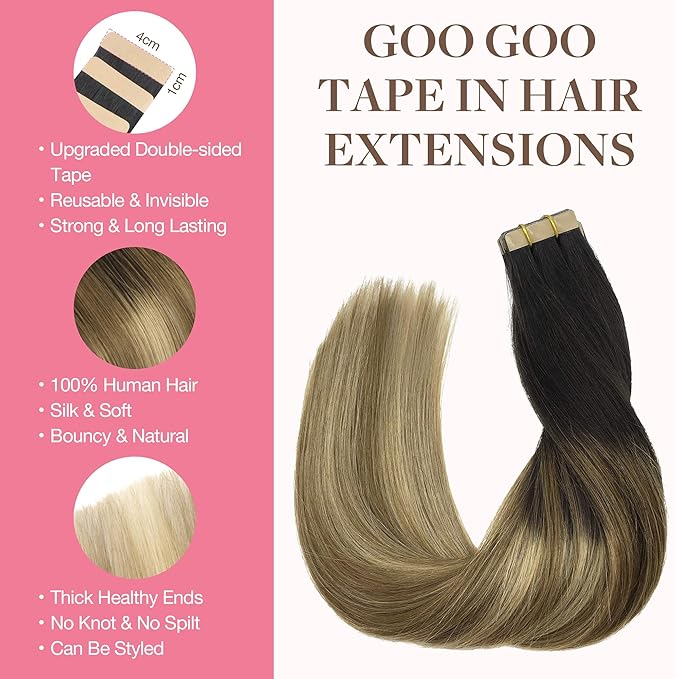 GOO GOO Tape in Hair Extensions Human Hair, 2/6/18 Balayage Brown to Dirty Blonde, 18inch 100g 40pcs, Skin Weft Seamless Invisible, Silky Straight with Thick Ends, Remy Human Hair