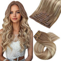 Moresoo Clip in Hair Extensions Brown to Blonde Clip in Extensions Real Human Hair Ombre Light Brown to Medium Blonde for Long 22 inch Double Weft 120g/7pcs