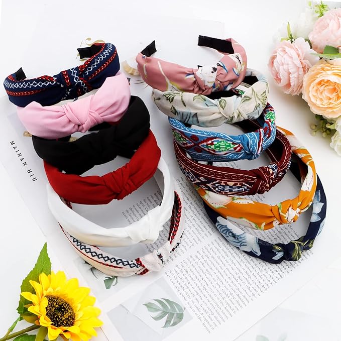 VELSCRUN 12 Pack Flower Headbands for Women - Non-Slip Wide Boho Knotted Hair Accessories, Cute Fashion Headbands, Birthday Gift Set