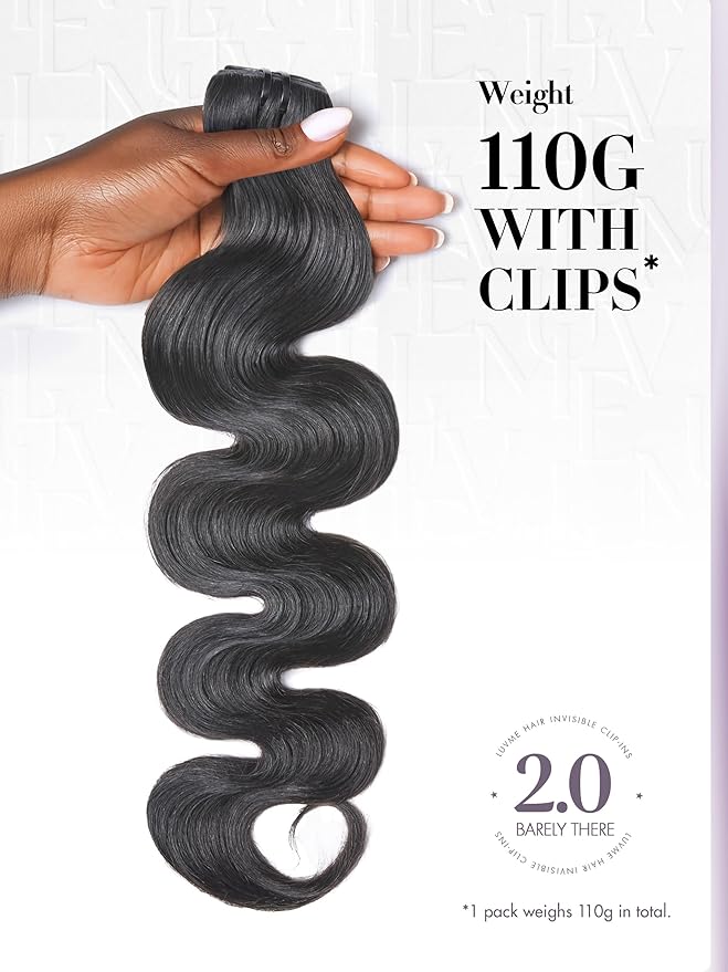 LUVME Invisible Clip in Hair Extensions Body Wave Real Human Hair, Remy Hair Clip ins for Women, Natural Human Hair, 22 inch 110g 6Pcs, Natural Black