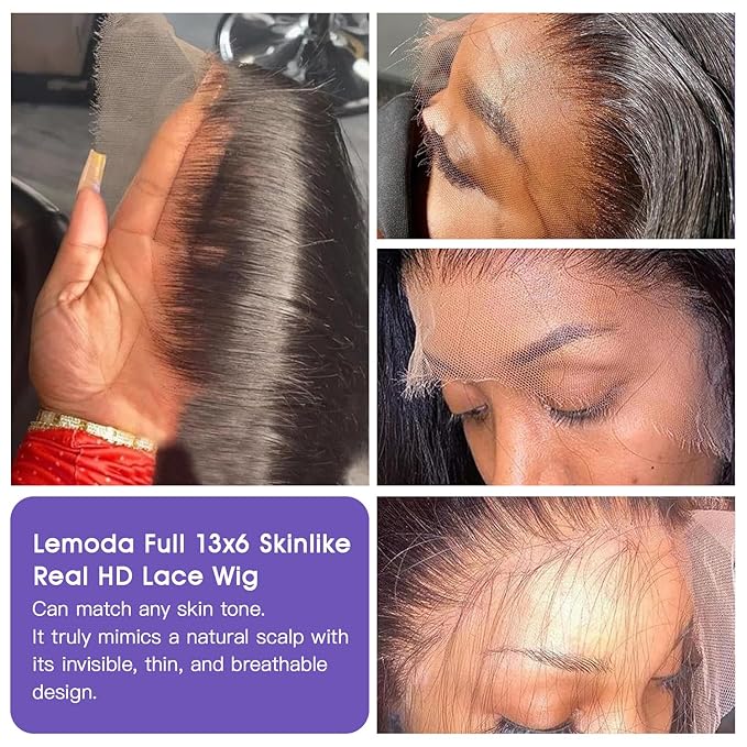 Lemoda Full 13x6 SKINLIKE Real HD Lace Wigs Straight Virgin Human Hair 20inch 200% Density 13x6 Full Lace Frontal Wigs Invisible 0.1mm Ultra-thin Frayed Ends Lace Front Wig Pre Plucked Tiny Knots