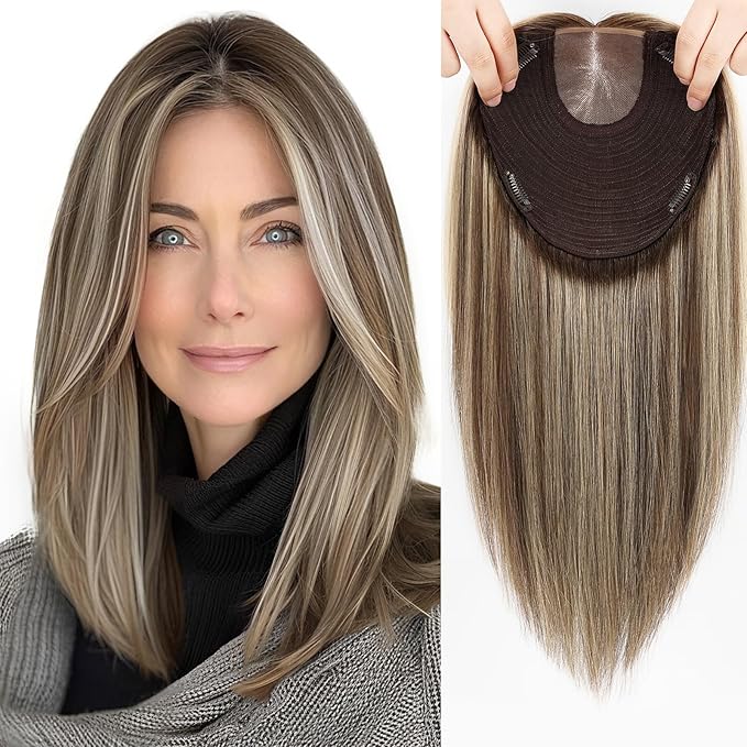MONO TOP Hair Toppers for Women Human Hair 12 Inch 7"×8" Big Base Partial wig Cover Thinning Hair or Loss No Bangs Top Hair Pieces Natural Wiglets (Ombre Brown Mix Platinum)