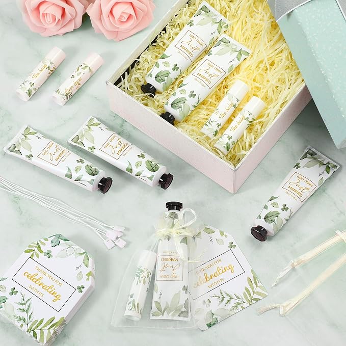 25 Set Wedding Lip Balms and Hand Cream Gift Set Include 25 Moisturizing Hand Care Cream 25 Lip Balms with Thank You Cards and Bags Bridesmaid Gift Set for Bridal Shower Wedding(Greenery)