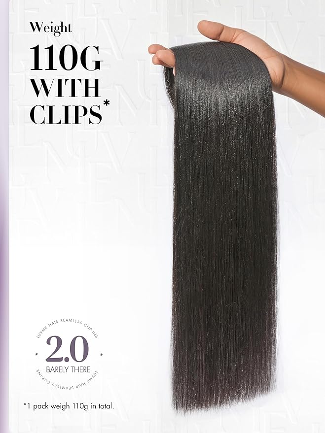 LUVME Invisible Clip in Hair Extensions, Yaki Straight Real Human Hair Remy Hair Clip ins for Women, Natural Human Hair, 22 inch 110g 6Pcs, Natural Black