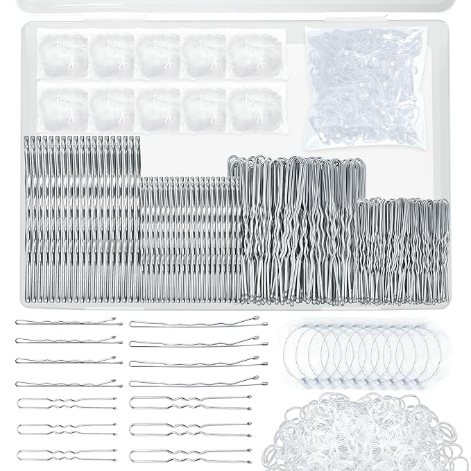 510PCS Silve Bobby Pins Hair Pins Kit with Hair Net, YINGFENG Includes 100 Bobby Pins for Women, 100 U-Shaped Buns Hair Clips, 300 Hair Bands and 10 White Hair Nets, for Gray Hair