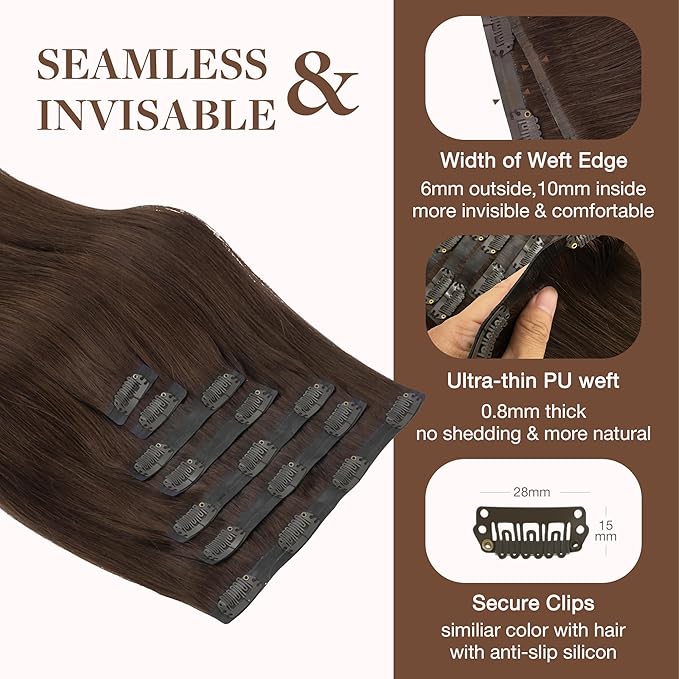 GOO GOO Clip in Hair Extensions Real Human Hair, Remy Human Hair Extensions Clip ins for Women, Natural Human Hair, 20inch 180g 9Pcs, #4A Chocolate Brown