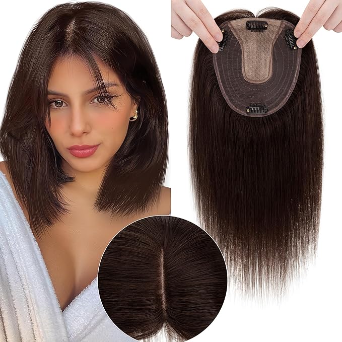 Hair Toppers for Women Real Human Hair No Bangs, 13 * 15 cm Larger Silk Base 150% Density Clip In Topper Hairpieces, Wiglet Top Pieces Add Volume -14 Inch 02 Dark Brown