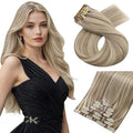 Moresoo Seamless Clip in Hair Extensions Human Hair Remy Straight PU Weft Human Hair Clip in Extensions Full Head Light Brown Highlight with Blonde 7pcs/120g 14inch