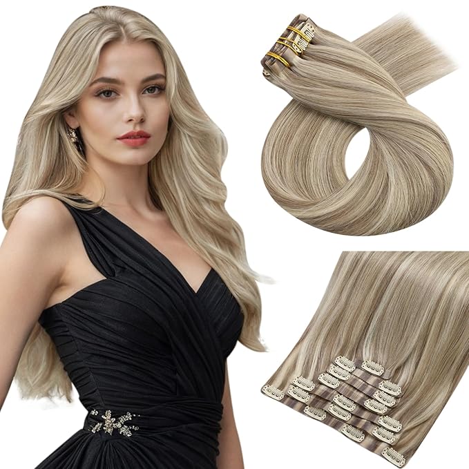 Moresoo Seamless Clip in Hair Extensions Human Hair Remy Straight PU Weft Human Hair Clip in Extensions Full Head Light Brown Highlight with Blonde 7pcs/120g 18inch