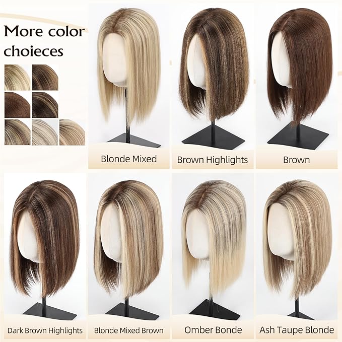 MONO TOP Hair Toppers for Women Human Hair 12 Inch 7"×8" Big Base Partial wig Cover Thinning Hair or Loss No Bangs Top Hair Pieces Natural Wiglets (Gray Blonde with Platinum Highlights)