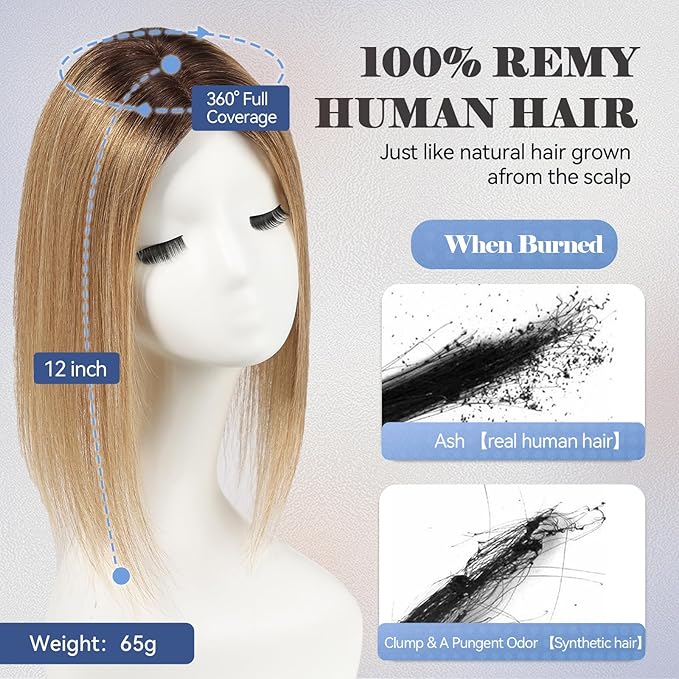 HAIRCUBE Hair Toppers for Women 100% Real Human Hair,Ombre Ash Blonde,6"*5.5"MONO Large Base,65g Hand-moven Real Human HairToppers for Women with ThinningHair