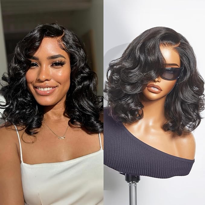 LUVME HAIR Loose Wave Bob Real 100% Human Hair Short Wigs Glueless Pre Cut Plucked Hd Lace Wig Ready To Go Natural Color Bleached Knots Side Part Black Wigs 14 Inches
