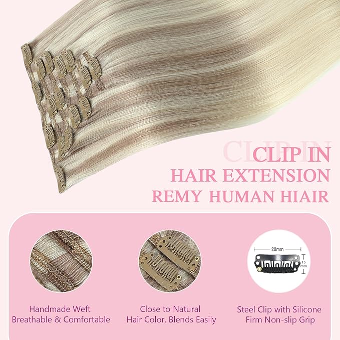 PINKPEARL Clip in Hair Extensions Straight Human Hair #18/22/60 Balayage Ash Blonde to Golden Blonde and Platinum Blonde 7pcs 120g 20 Inch Real Hair Clip in Extensions(#18/22/60-20)
