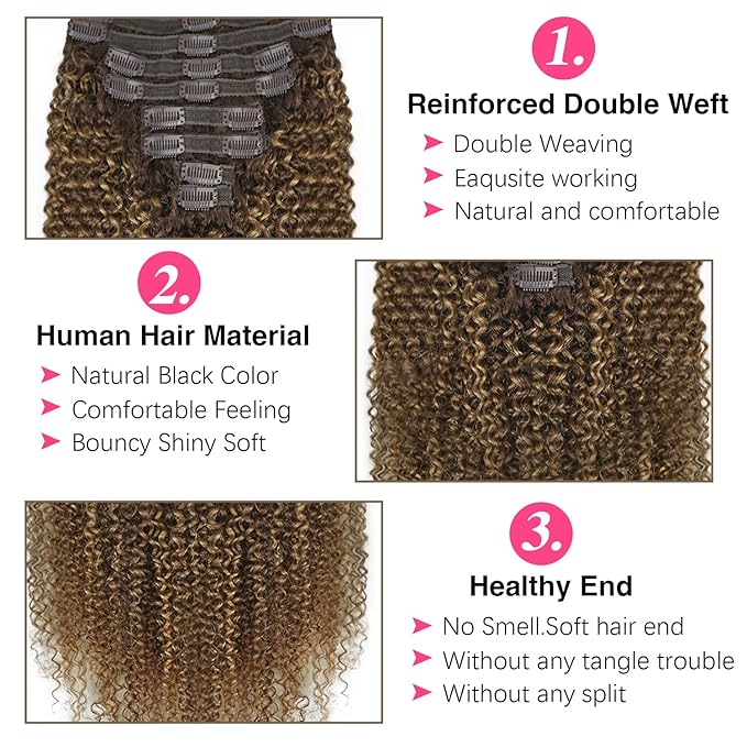 Kinky Curly Clip in Hair Extensions Real Human Hair 4/27/4 Omber Kinky Curly Clip ins For Women 3c 4a Brazilian Virgin Clip on Hair (24inch,#4/27/4)