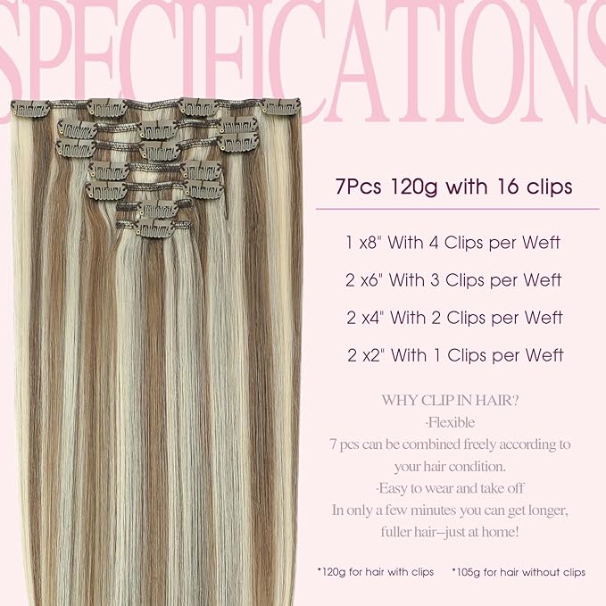 PINKPEARL Clip in Hair Extensions Straight Human Hair #8P60 Ash Brown Highlighted Platinum Blonde Clip in Extensions Remy Real Human Hair Extensions 7pcs 120g 16 Inch(#8P60-16)