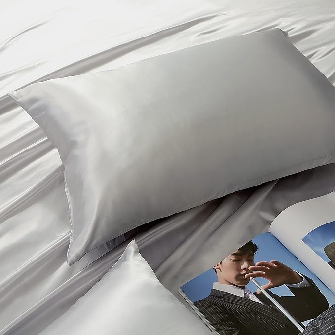 Light Grey King Size Satin Pillowcases Set of 2 for Hair and Skin,Light Grey Silk Pillowcase Breathable Pillowcase with Envelope Closure
