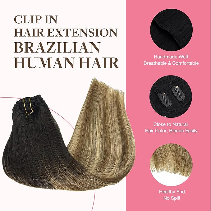 GOO GOO Clip in Hair Extensions Real Human Hair, Remy Human Hair Extensions Clip ins for Women, Natural Human Hair, 16inch 150g 9Pcs, 2/6/18 Balayage Brown to Dirty Blonde