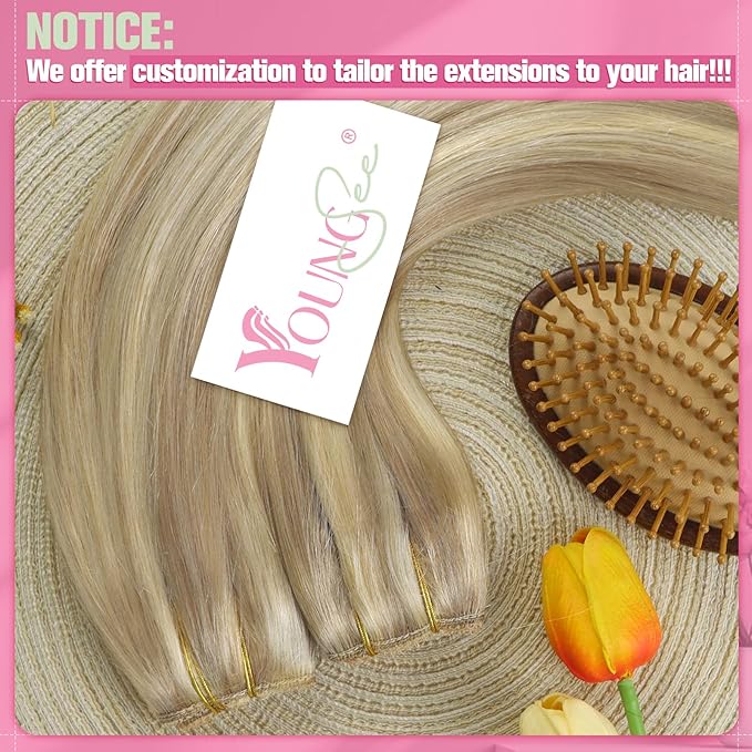 YoungSee Wire Human Hair Extensions Golden Blonde Wire Hair Extensions Real Human Hair Light Blonde Highlights Golden Blond Fish Line Hair Extension Soft Hair 80G 18In
