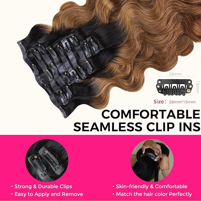 Lashey Seamless Clip in Hair Extensions Human Hair 130g 9pcs 16 Inch Body Wave Ombre Natural Black to Medium Auburn Clip in Hair Extensions for Women Real Human Hair