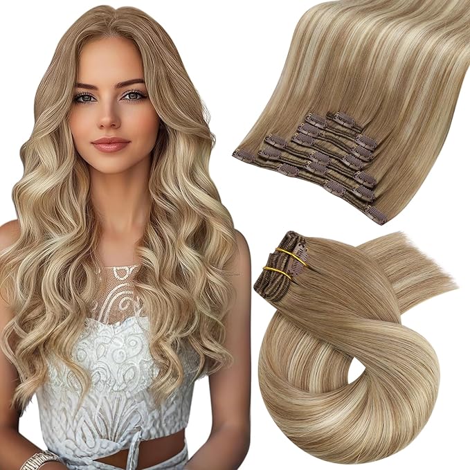 Moresoo Clip in Hair Extensions Real Human Hair Light Brown to Golden Blonde Balayage Human Hair Clip in Extensions 24 inch Remy for Women Long 120g 7pieces Double Weft for Wedding